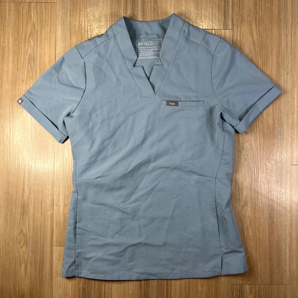 FIGS Womens Scrub Top Technical Collection Notched V-Neck Blue XS